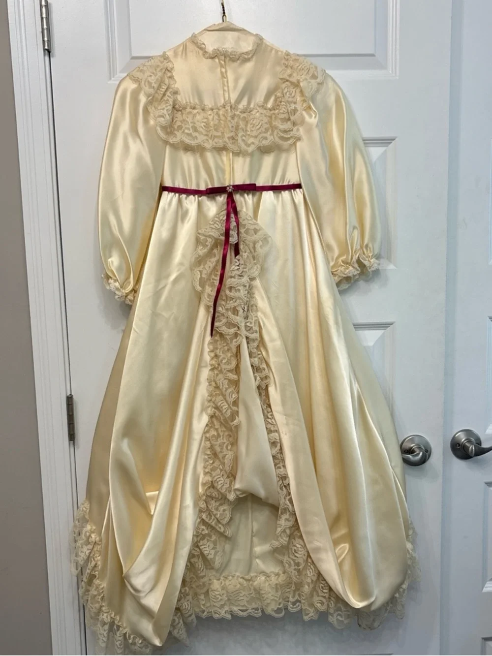 Vintage Victorian Girls Ivory Satin Lace Ruffled Dress with Burgundy Ribbon
